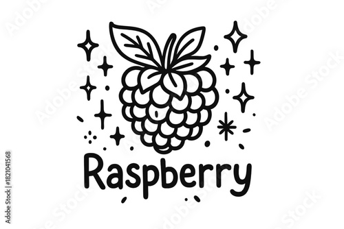 Raspberry Doodle Art. Doodle raspberry with stars, sparkles, and leaves, center word “Raspberry” in black and white isolated
