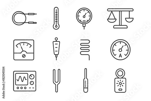 Scientific Sensor Icons. Line style icons of scientific sensors: thermocouple wire, lab thermometer, manometer tube, chemical