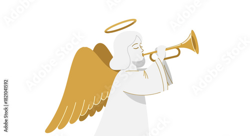 Stylized angelic figure with golden wings playing a bright golden trumpet elegantly depicted