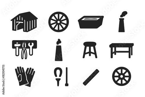 Rural Blacksmith Icons. Solid style icons of Rural Blacksmith Shop: Wooden Shed, Water Wheel, Quench Trough, Grindstone, Tool Rack