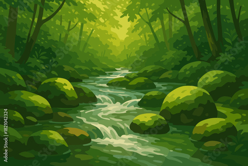 Mossy Forest Stream. Scenic forest stream flowing through mossy rocks under dappled sunlight, serene and tranquil, vector