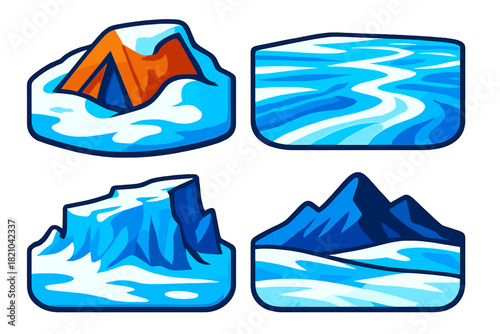 Frozen Wasteland Icons. Isometric vector illustration set Frozen Wasteland Environment: Snow-buried tent, wind-swept ice plain,