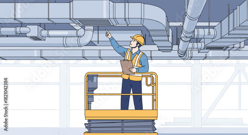 Professional HVAC technician inspecting ventilation system on scissor lift for maintenance or repair in a modern building, ensuring optimal air quality