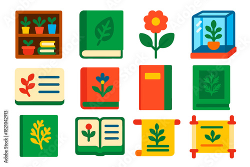 Botanical Library Icons. Flat vector icons of Botanical Libraries: wooden shelf, bound herbarium, old book stack, specimen index