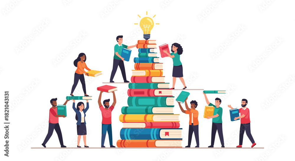 Naklejka premium Diverse team building knowledge with books toward bright idea, education success concept, learning together, bright future, collective wisdom