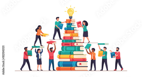 Diverse team building knowledge with books toward bright idea, education success concept, learning together, bright future, collective wisdom