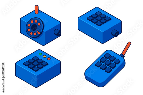 Blue Box Variants. Isometric vector illustration set Blue Box Variants: Touch-tone emulator, dual-tone multi-frequency pad, LED