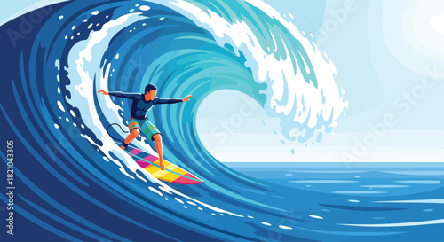 Dynamic vector art of surfer riding a vibrant wave, perfect for summer ads and tropical travel promotions for a fun, active lifestyle