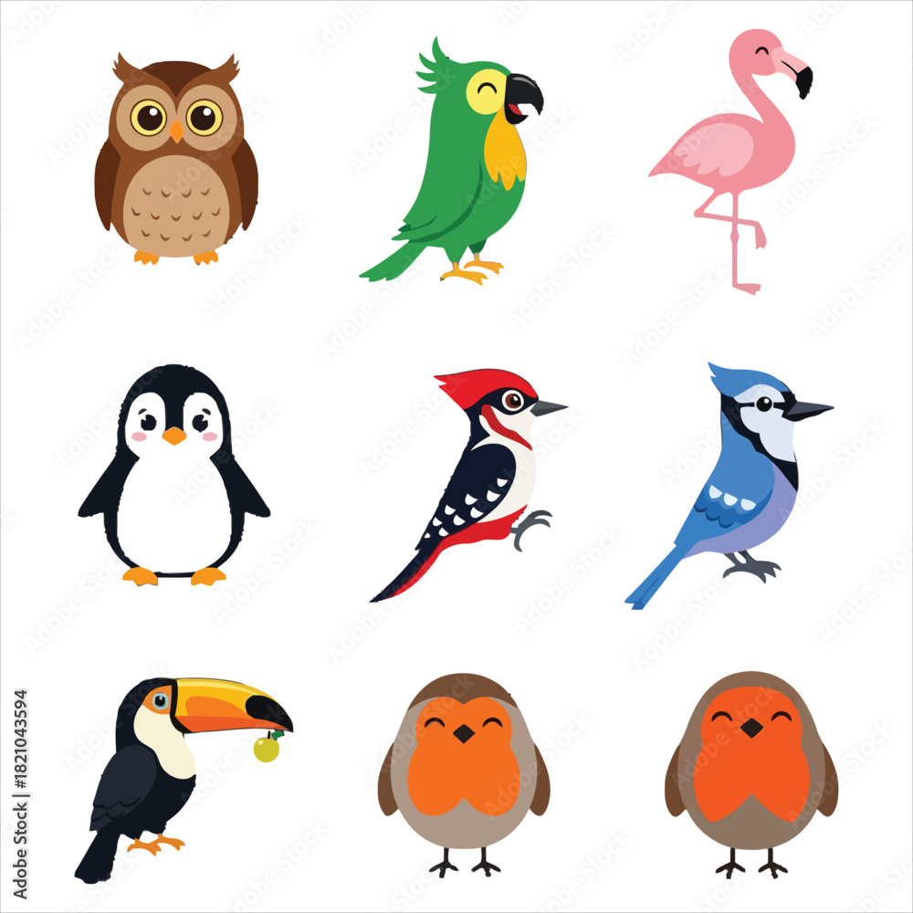 Obraz premium Adorable cartoon birds with unique designs