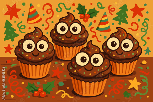 Festive Chocolate Cupcakes. Festive chocolate cupcakes with whimsical googly eyes arranged on a rustic table, playful and vector
