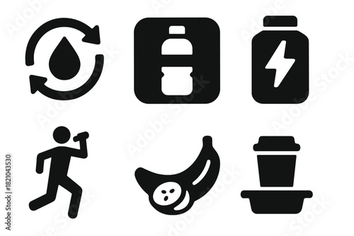 Hydration and Nutrition Icons. Solid style icons of hydration and nutrition points: backward water drop icon, flipped bottle badge