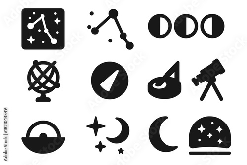 Celestial Guidance Icons. Solid style icons of Celestial Guidance: Star Chart, Constellation, Moon Phase, Armillary Sphere, Gnomon
