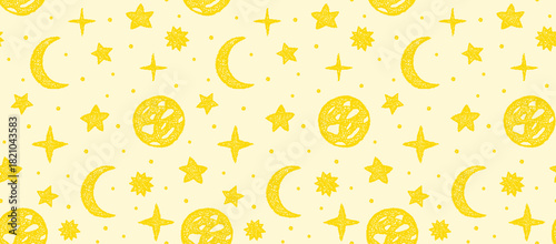 Baby room wallpaper print with crayon moon and stars. Cute seamless pattern with yellow doodle sky elements with chalk texture. Kids crayon drawing of moon and stars, vector illustration