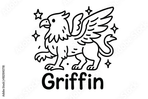 Doodle Griffin Design. Doodle griffin with stars, wings, and sparkles, center word “Griffin” in black and white isolated
