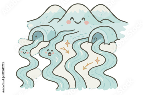Cheerful Meltwater Doodle. Cute doodle meltwater routing scene with cheerful streams, cartoon ice tunnels with faces, smiling