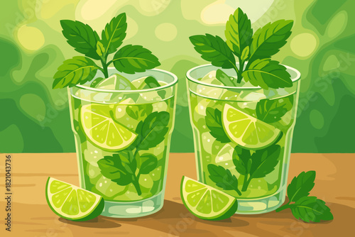 Refreshing Mojito Illustration. Freshly made mojito cocktails with lime wedges and mint leaves, soft natural lighting, vibrant