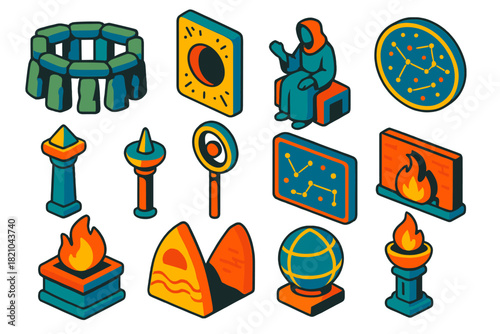 Ancient Astronomy Elements. Isometric vector illustration set Ancient Astronomy: circle of stones, eclipse tracking slab, star