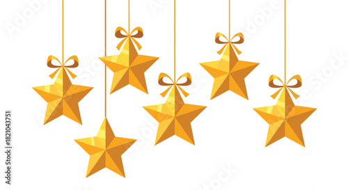 Elegant golden stars hanging with ribbons create a festive and celebratory atmosphere perfect for Christmas, New Year, or holiday designs