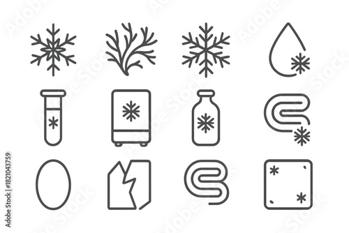 Frozen Elements Icons. Line style icons of frozen materials: ice crystal, frost pattern, snowflake, frozen droplet; frosted tube,