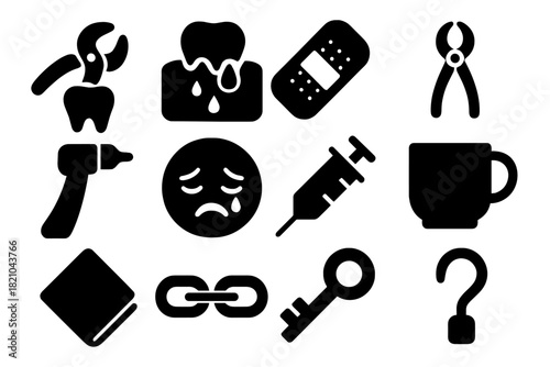 Painful Procedure Icons. Solid style icons of Painful Procedures: Tooth Extraction, Bleeding Gum, Bandage, Forceps, Drill, Crying