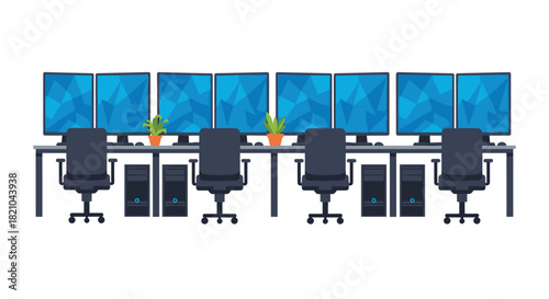 Modern tech office setup with multiple monitors, perfect for illustrating data analysis, software development, or collaborative teamwork scenes