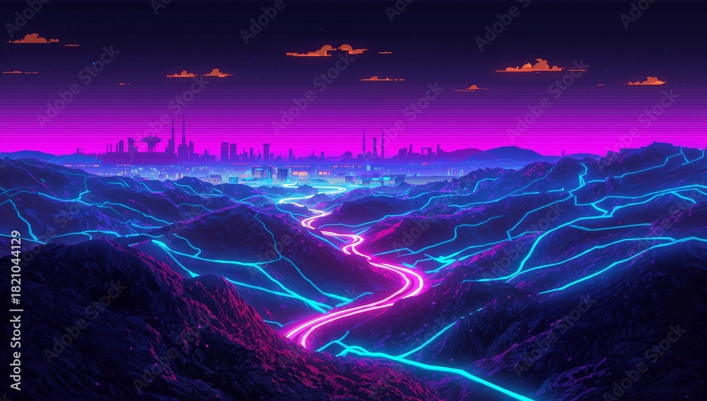 Obraz premium Winding magenta ribbon road guiding view to distant city across rocky valley with cyan veins, haze