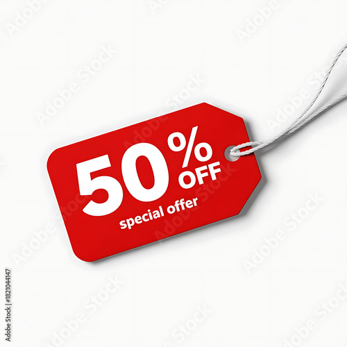 Red tag with 50 percent off special offer text and string