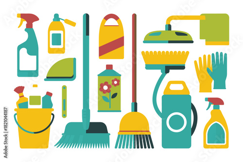 A collection of cleaning supplies, including spray bottles, buckets, brooms, gloves, and a mop, arranged in a visually organized composition.