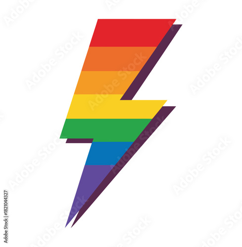 A rainbow-colored lightning bolt symbol is depicted against a white background, representing power and pride.