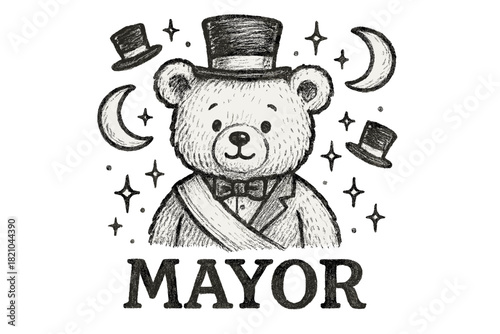 Teddy Bear Mayor. Hand-drawn teddy bear mayor with moons, hats, and sparkles, center word “Mayor” in black and white isolated