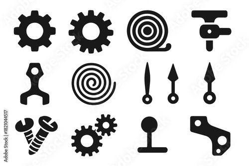 Mechanical Icon Set. Solid style icons of Mechanical precision: cogwheel, pinion, spring barrel, regulator index, pallet fork,