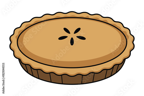 A baked pie with a golden brown crust and a simple four-petal flower design cut into the top crust sits isolated on a white background.