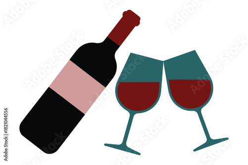 A bottle of red wine is positioned next to two glasses filled with red wine, ready for a toast.