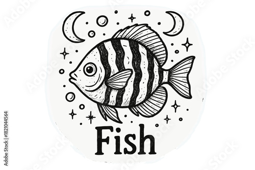 Tropical Fish Magic. Hand-drawn tropical fish with moons, bubbles, and sparkles, center word “Fish” in black and white isolated