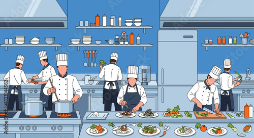 Busy restaurant kitchen scene with professional chefs preparing delicious meals for customers, culinary arts in action, food preparation illustration