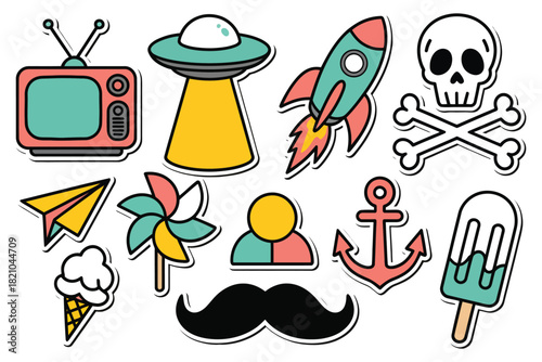 A collection of retro-style, colorful icons including a television, UFO, rocket ship, skull and crossbones, paper airplane, pinwheel, ice cream cone, popsicle, anchor, and a mustache.