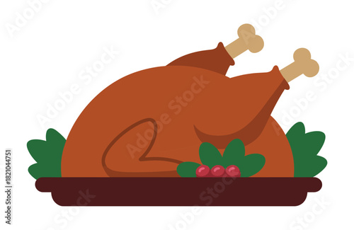 A whole roasted turkey sits on a platter, garnished with green leaves and red berries, ready to be served as a festive meal.