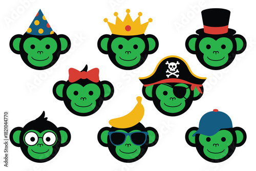 A collection of cartoon monkey faces, each adorned with different hats and accessories, including a party hat, crown, top hat, bow, pirate hat, glasses, and a baseball cap.