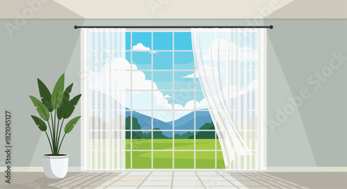 Sunlit modern room with nature view through window and plant for a serene and relaxing ambiance perfect for home decor concepts