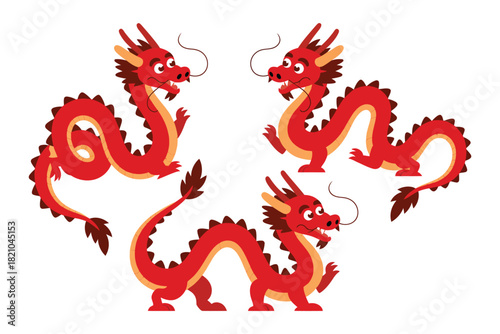 Three stylized red cartoon dragons are depicted in various playful poses against a white background, representing mythical creatures.