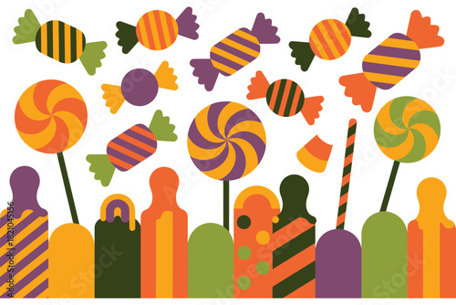 A vibrant collection of Halloween-themed candies and lollipops is displayed against a white background, featuring a variety of striped and swirled patterns in orange, purple, and green.