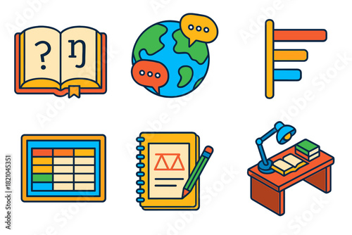 Linguistics Icons Set. Isometric vector illustration set Historical Linguistics: open book with phonetic symbols, globe with