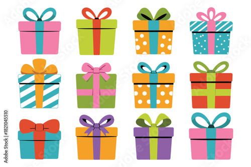 A collection of twelve brightly colored gift boxes, each adorned with a ribbon and bow, arranged in a grid formation on a white background, symbolizing celebration and giving.