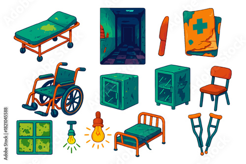 Forgotten Asylum Scenes. Isometric vector illustration set Forgotten Asylum: abandoned gurney, worn medical file, hallway with