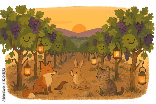 Vineyard Sunset Gathering. Vineyard at sunset with smiling rows of vines, lanterns glowing, and animals gathering for a peaceful