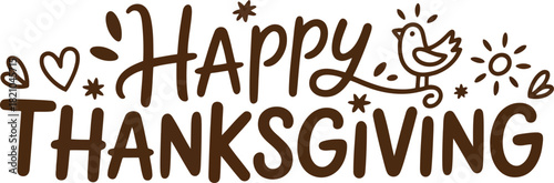 Happy thanksgiving greeting with cute bird, hearts, and stars