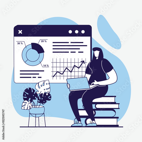 Businesswoman Analyzing Data with Laptop and Charts | Digital Business Analysis with Charts and Laptop | Professional Businesswoman Working on Digital Strategy