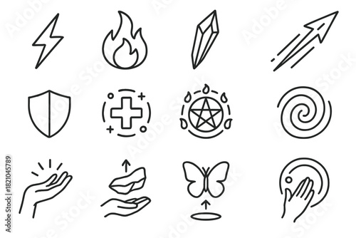 Spellcasting Icons. Line style icons of spellcasting: lightning bolt, fireball, ice shard, magic missile; shield spell, healing