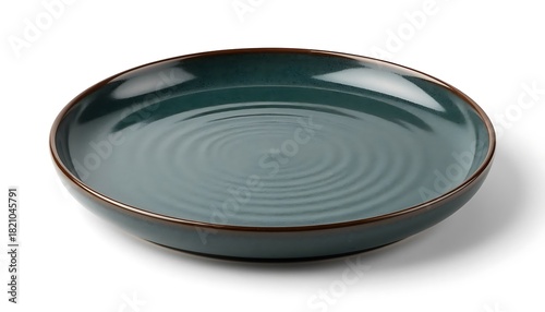 Green ceramic plate featuring a subtle ripple pattern, isolated on a white background, ready for serving dishes