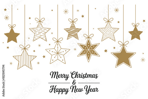 Festive gold stars with intricate patterns hang suspended against a white background, adorned with tiny sparkling dots and the greeting "Merry Christmas & Happy New Year."